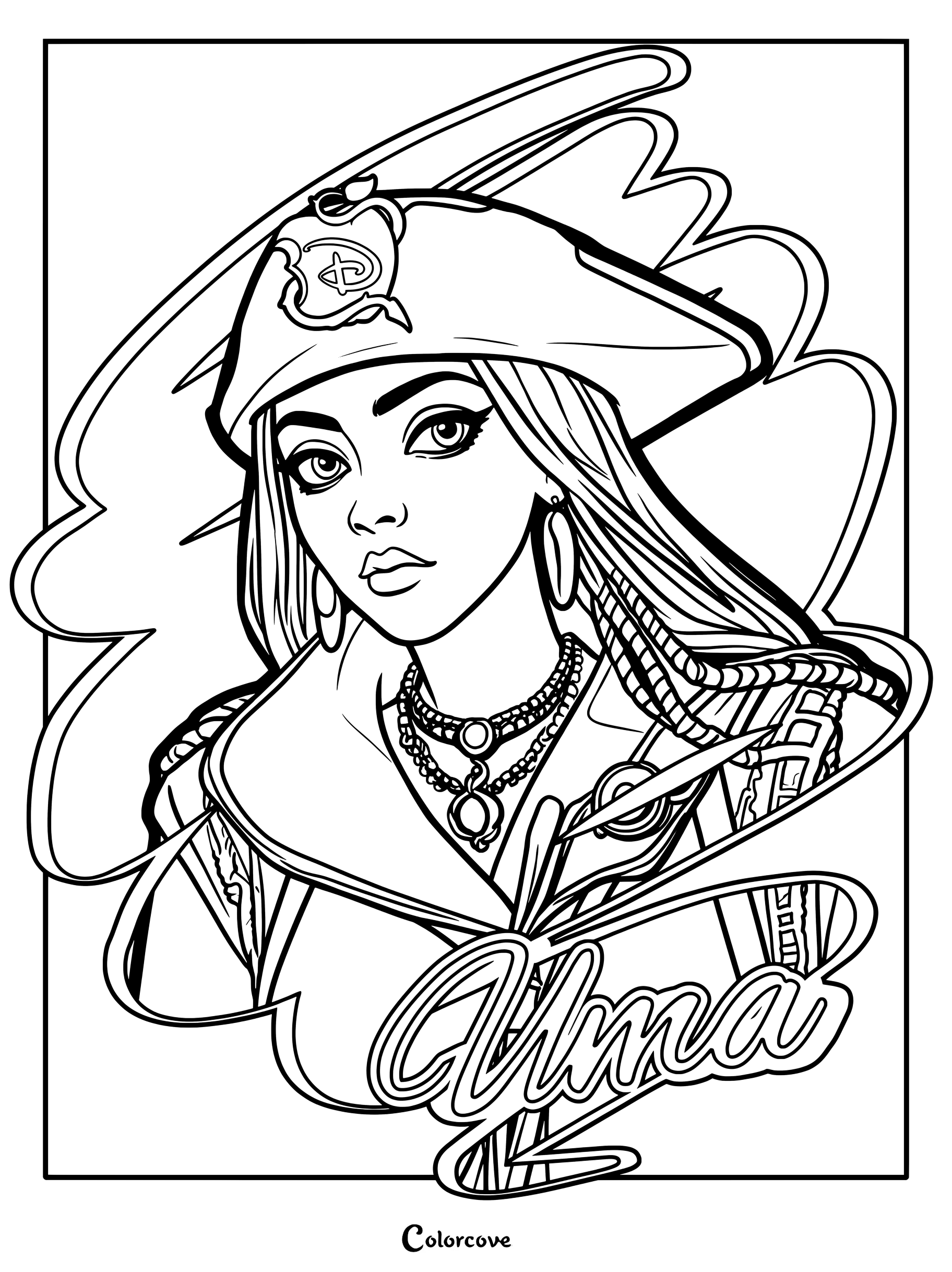 Página para colorear de Uma que presenta al personaje pirata con trenzas largas, sombrero de capitán y collares en capas.