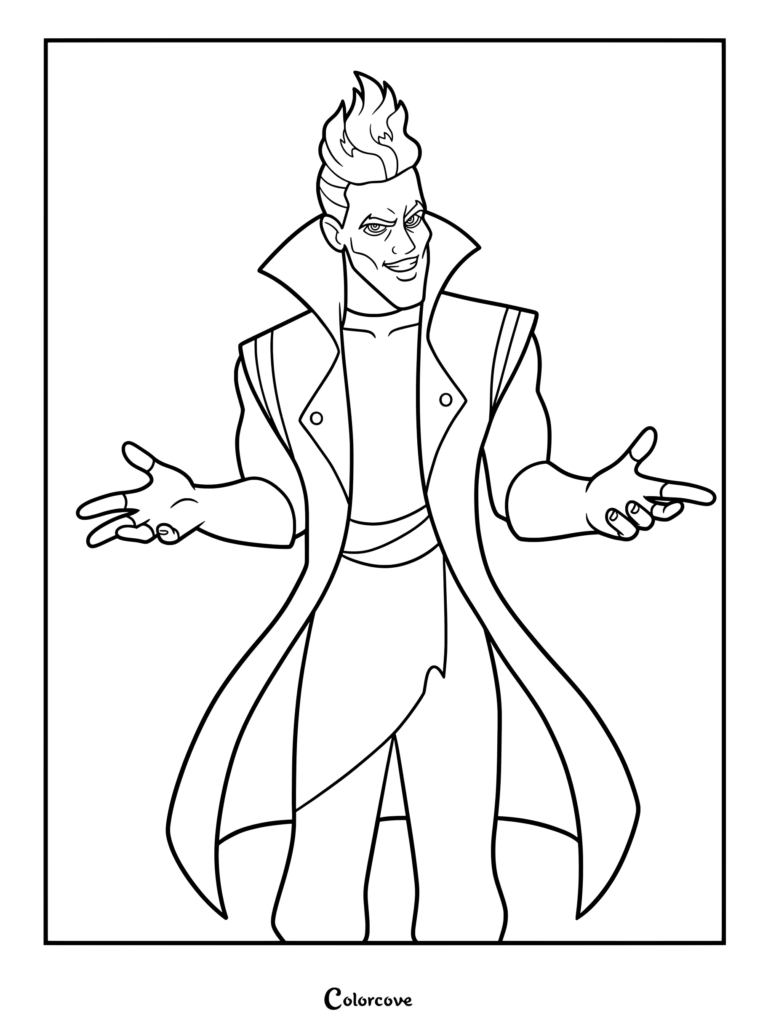 Printable coloring page of Hades in the Descendants The Royal Wedding showcasing his spiky hair and coat