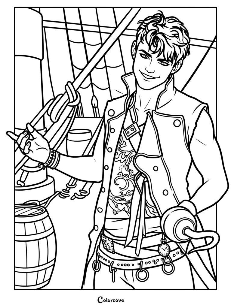 Harry Hook from Descendants holding a ship rigging rope on a pirate ship deck line art coloring page