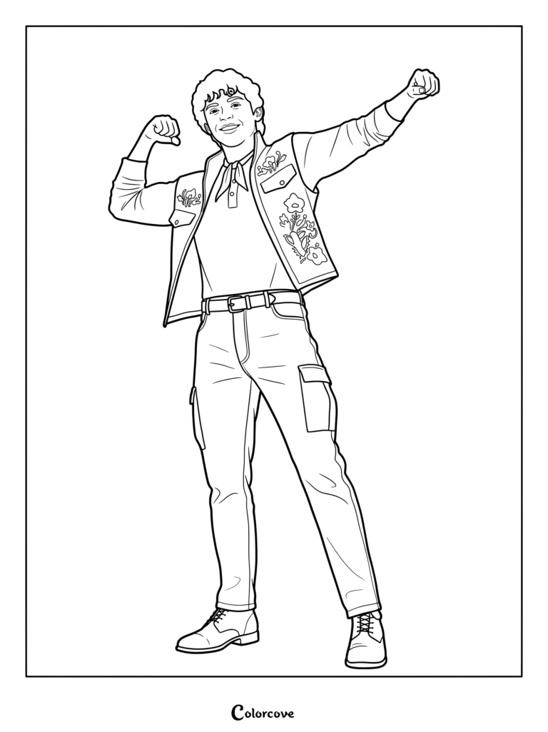Luis Madrigal flexing his muscles in his floral vest from Descendants Wicked Wonderland printable coloring page
