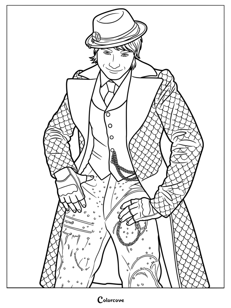 Printable coloring page of Maddox Hatter wearing a patterned coat, vest, and top hat from Descendants Wicked Wonderland