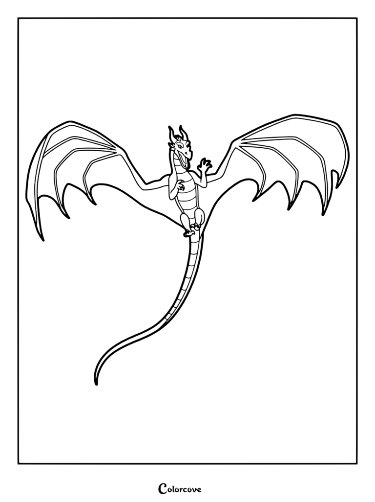 Mal's Dragon Form coloring page showing Mal in her winged dragon shape flying with large wings outstretched