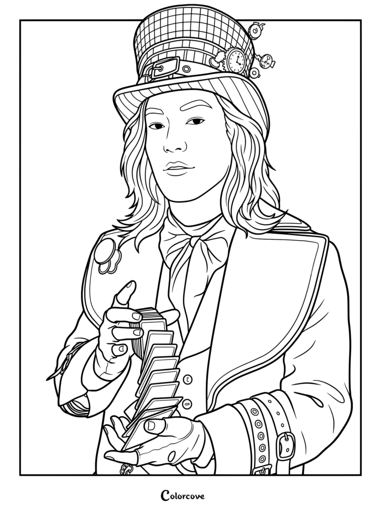 Printable coloring page of Max Hatter from Descendants Wicked Wonderland holding playing cards wearing a top hat.