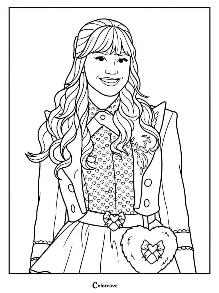 Printable coloring page of Pink of Hearts wearing a heart-patterned outfit and holding a heart bag from Descendants Wicked Wonderland