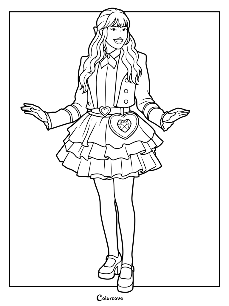 Pink of Hearts from Descendants Wicked Wonderland in a layered ruffle skirt and heart belt coloring page