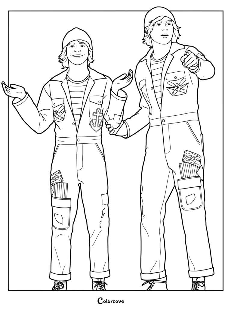Squeaky and Squirmy Smee in the film Descendants Wicked Wonderland coloring page featuring the twin brothers in striped shirts and jumpsuits