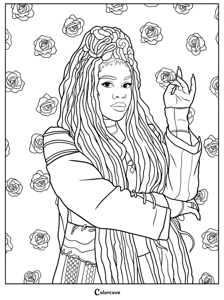 Uliana from Descendants holding a rose in front of a background of flowers coloring page