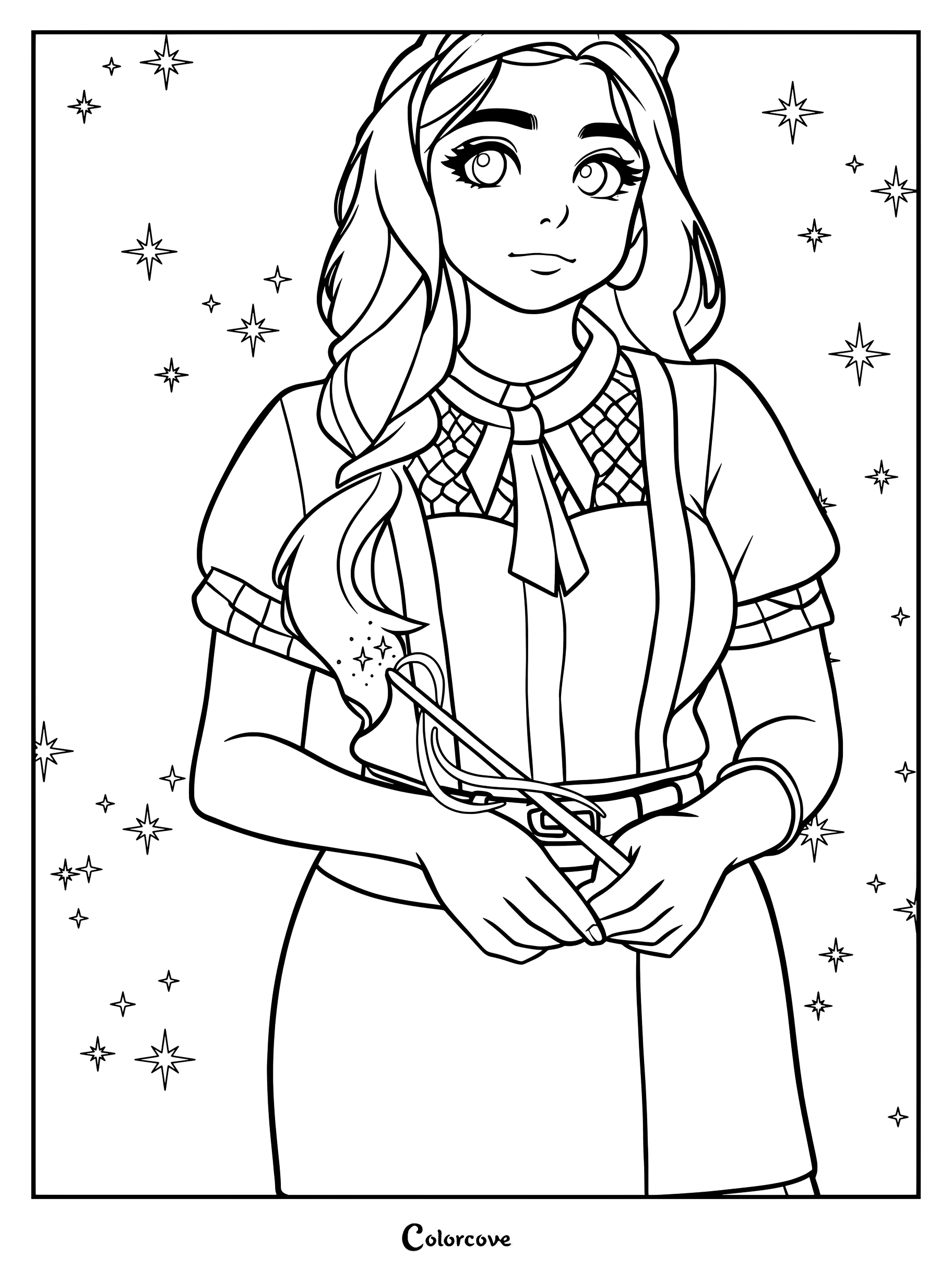 Jane de Los Descendientes sosteniendo una varita mágica rodeada de estrellas brillantes en este dibujo para colorear imprimible