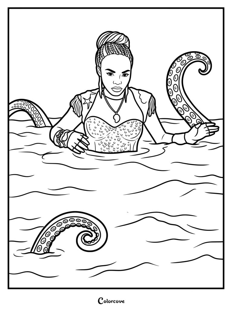Uma's Octopus Form coloring page featuring Uma with braided hair emerging from the water with tentacles.