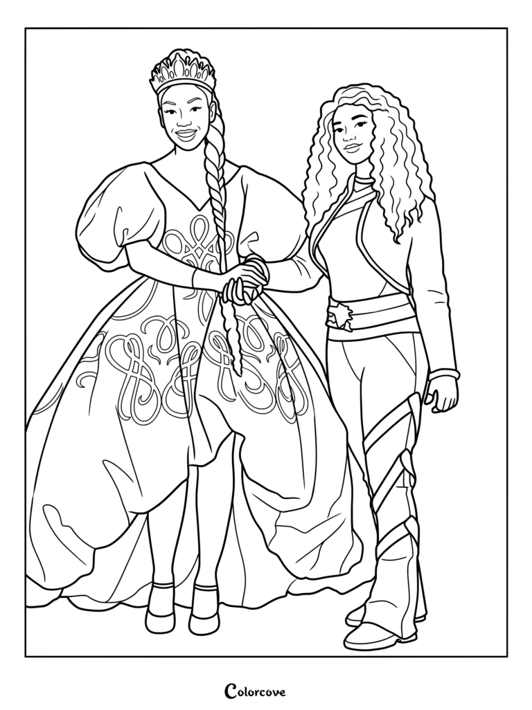 Chloe and Cinderella coloring page featuring Cinderella in a royal gown and Chloe Charming standing next to her.