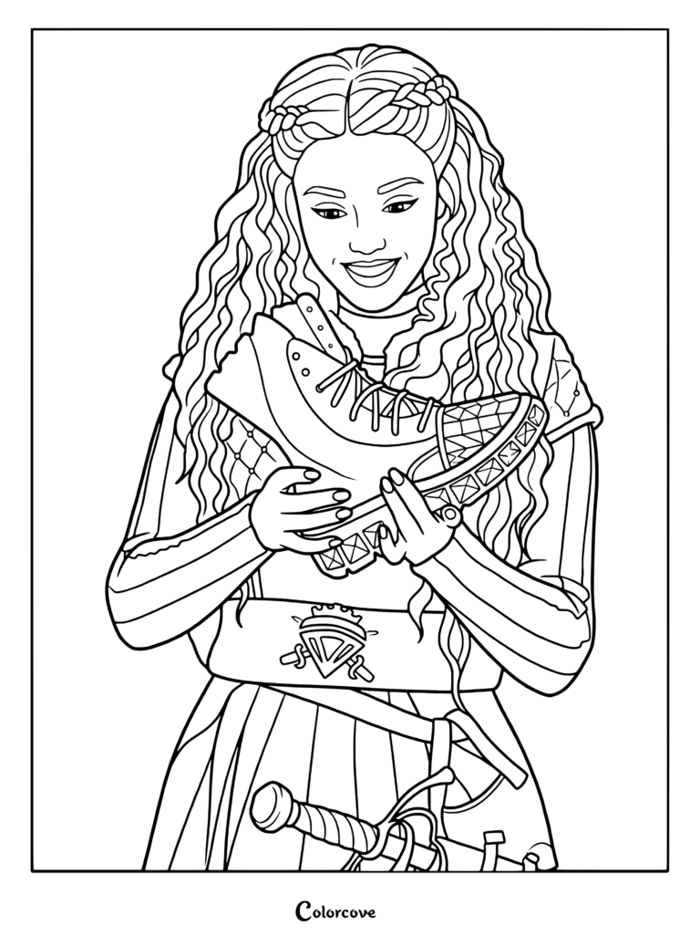 Chloe Charming holding Cinderella shoes in a detailed printable coloring page