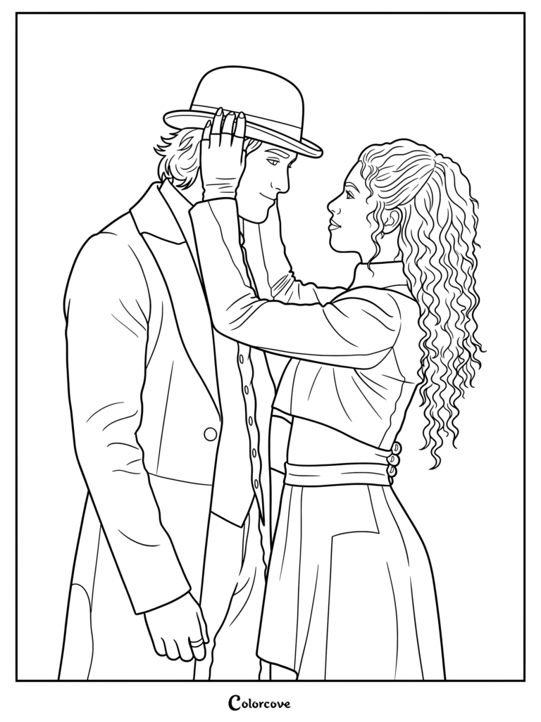 Chloe fixing Max's hat coloring page featuring Descendants characters