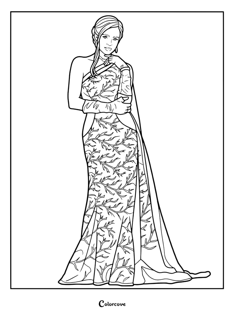 Evie wearing her elegant cotillion dress in a printable coloring page