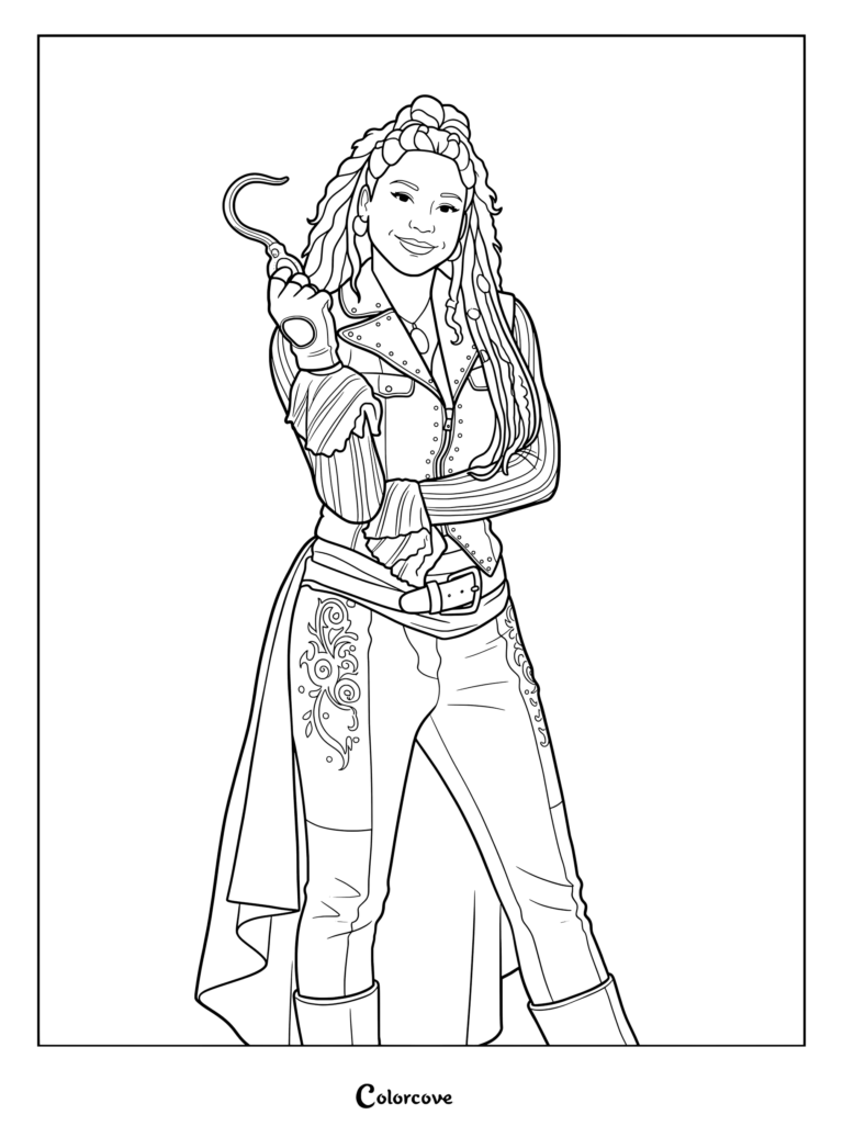 Hazel Hook from Descendants Wicked Wonderland holding a hook in a line art coloring page