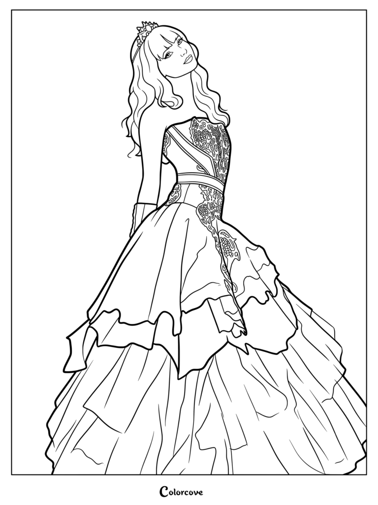 Mal wearing her detailed cotillion gown from Descendants 2 coloring page
