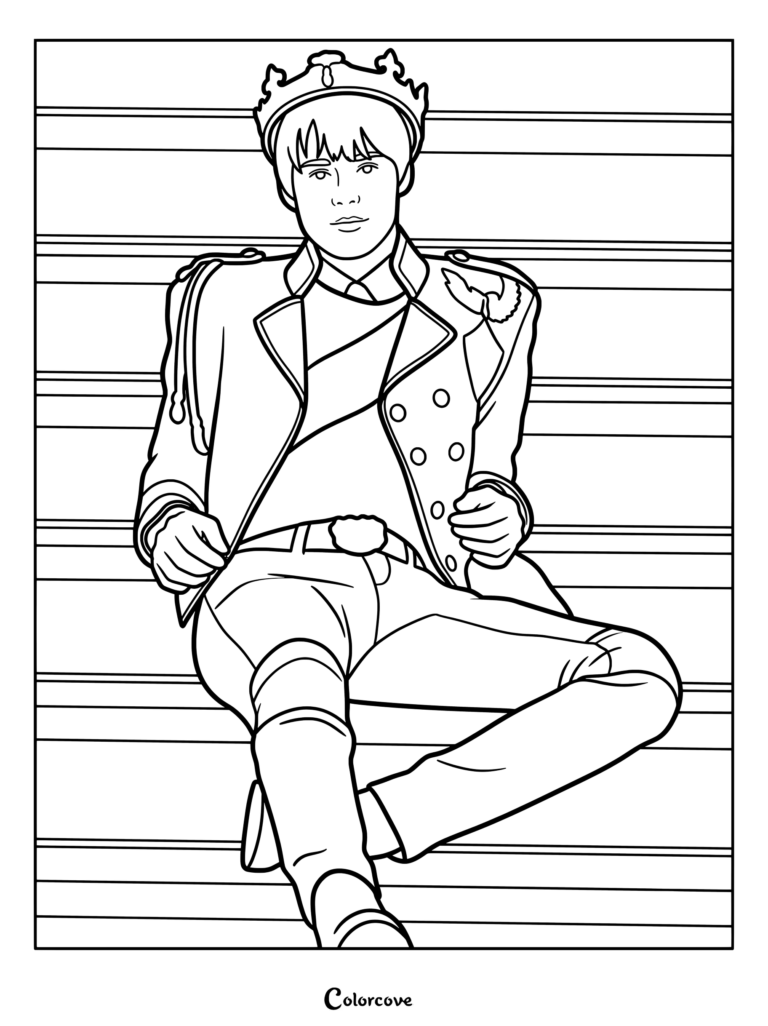 King Ben coloring page featuring the crowned character sitting on steps in his royal jacket