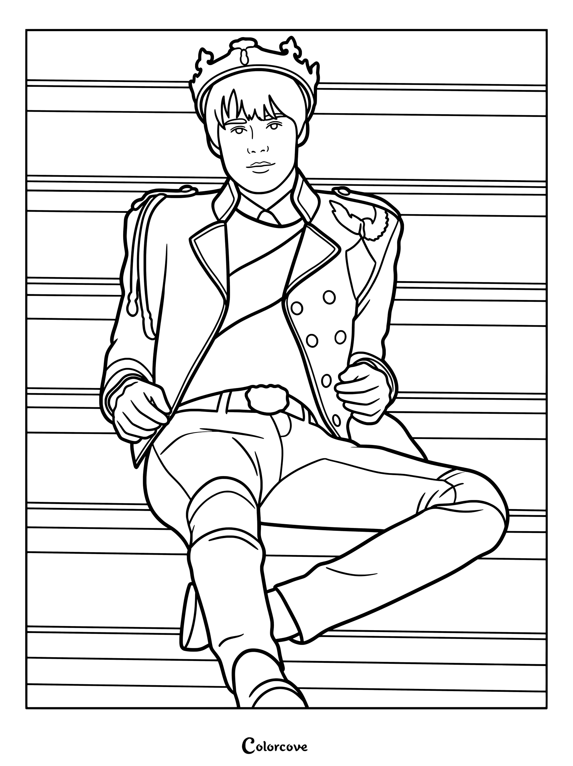 Página para colorear del Rey Ben con el personaje coronado sentado en los escalones con su chaqueta real