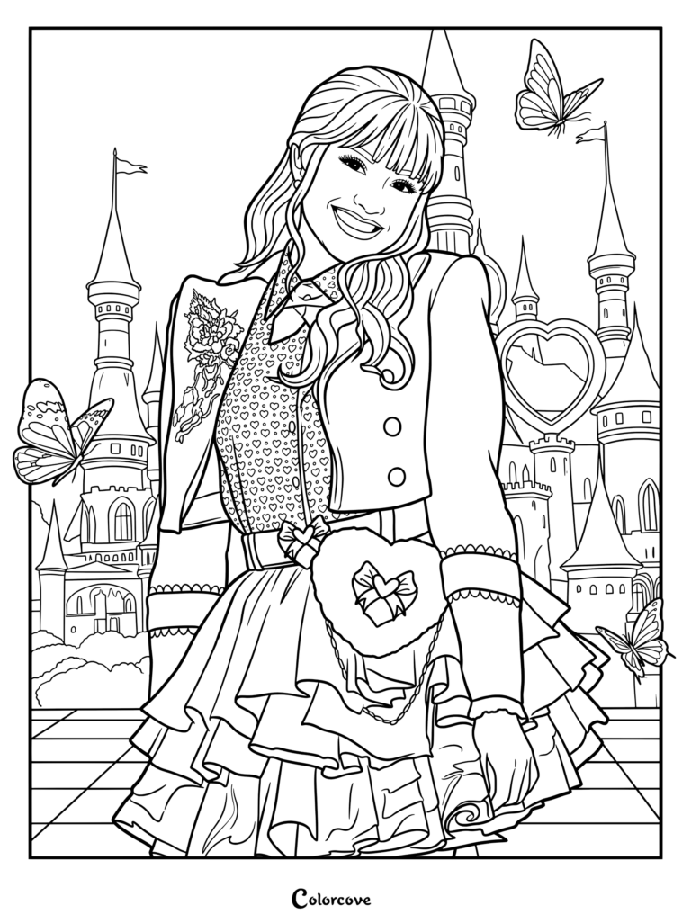 Princess Pink smiling in front of a magical castle.