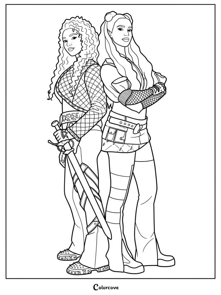 Red and Chloe pose back to back in detailed line art