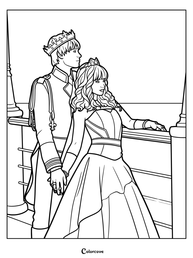 Coloring page showing Mal and King Ben from the Descendants franchise wearing formal royal attire, standing together by a balcony.