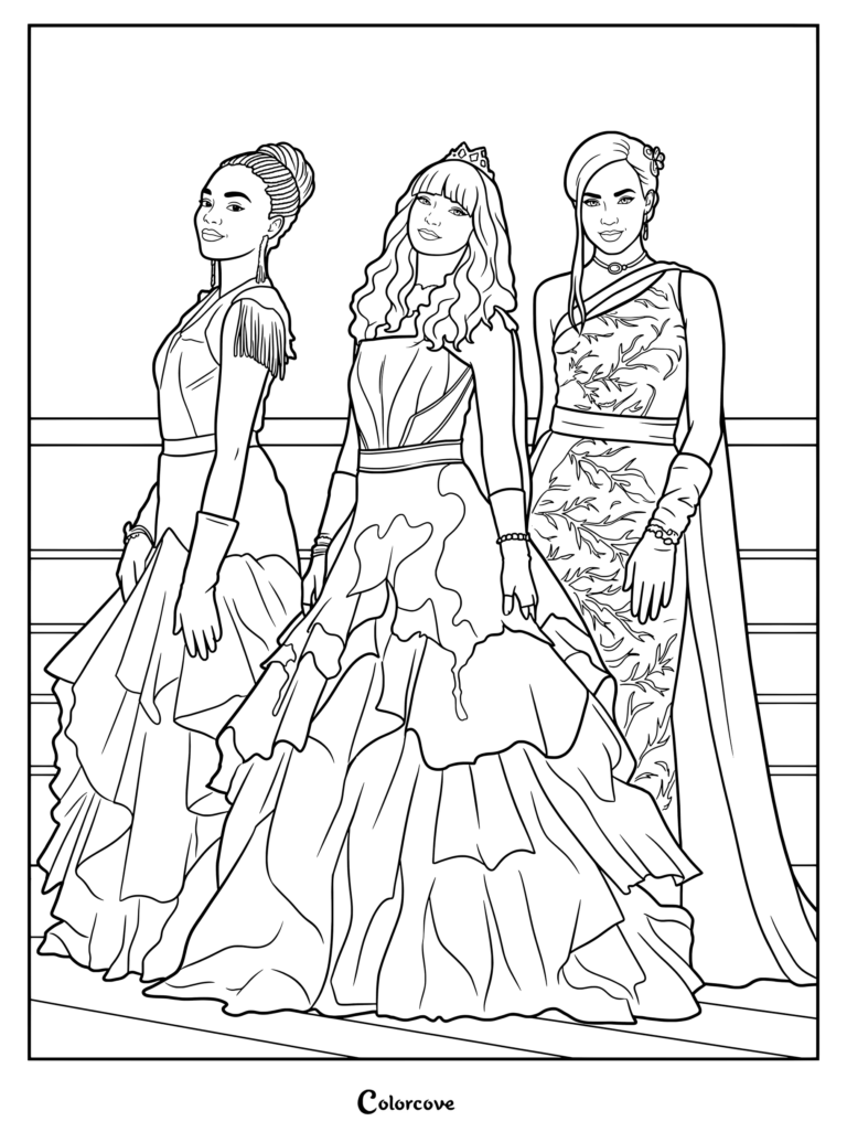 Main characters posing on a ship deck in formal gowns.