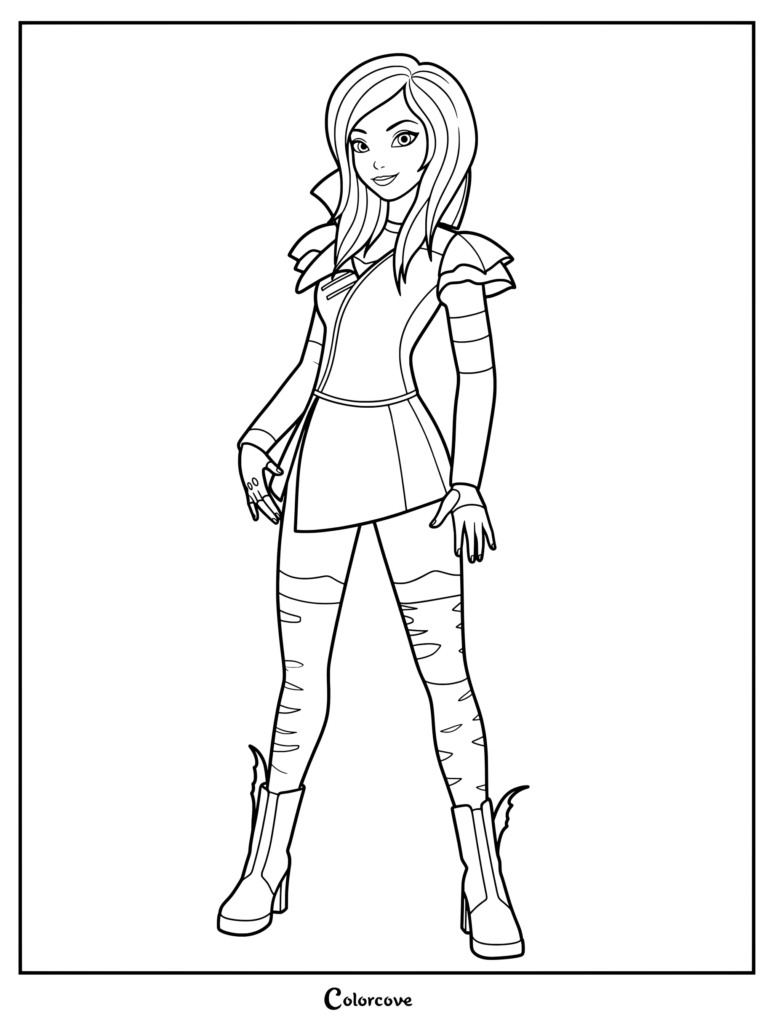 Detailed coloring page featuring a character design for Mal from the Descendants Wicked World animated series standing in her signature outfit.