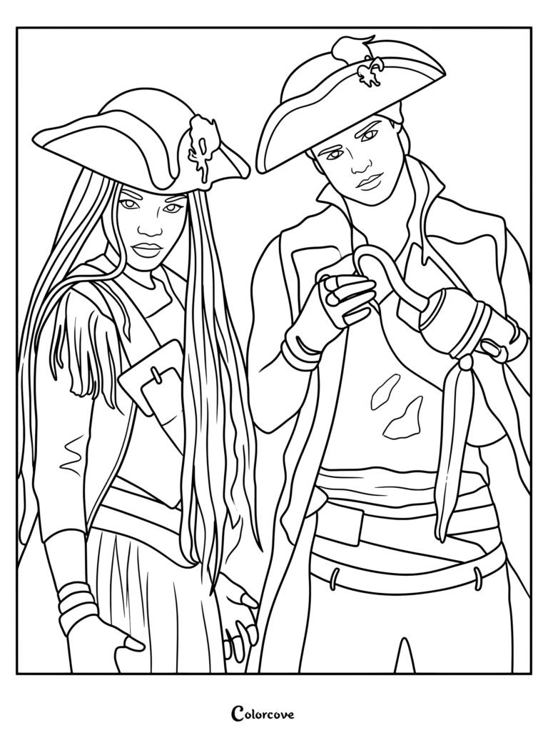 Uma and Harry Hook from Descendants wearing pirate hats and outfits in a line art coloring page