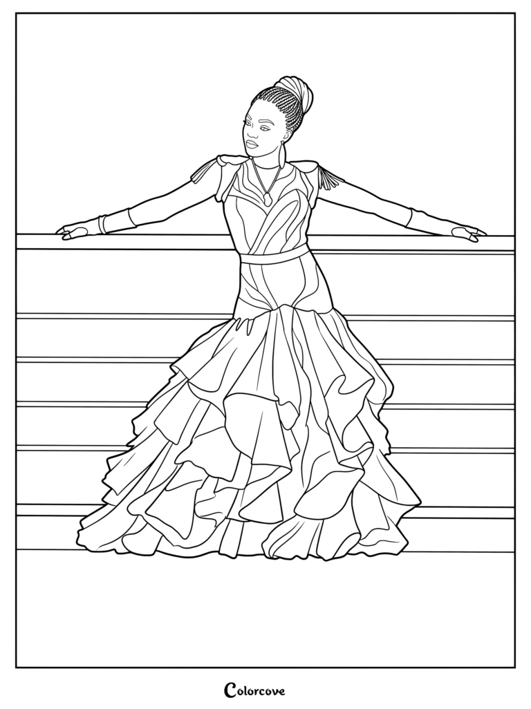 Uma posing gracefully in her elegant cotillion dress for a printable coloring page.
