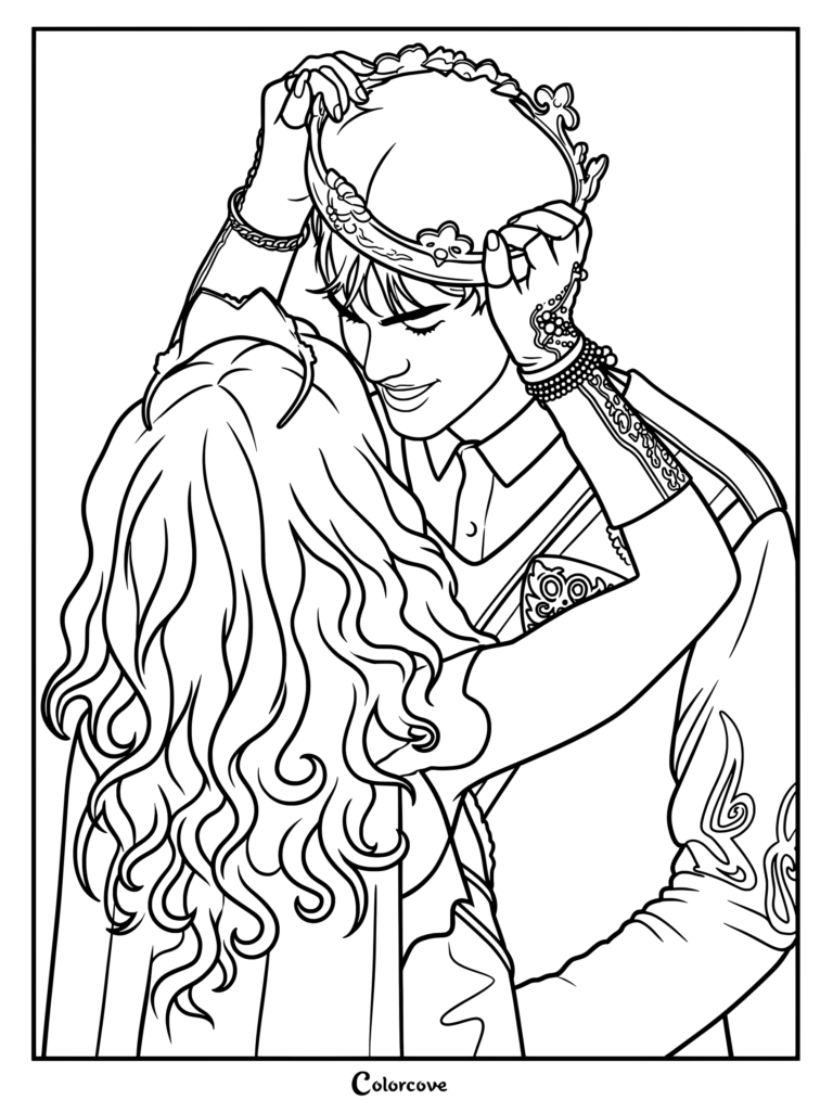 Printable coloring page of Mal and Ben from Disney's Descendants franchise, specifically depicting a scene where Mal places a crown on Ben.