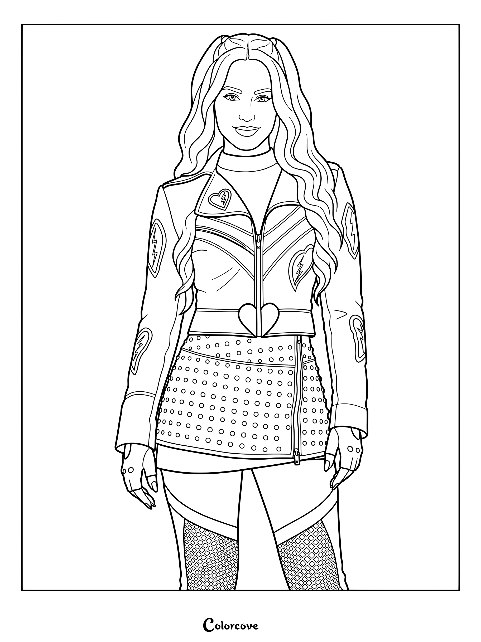 Kylie Cantrall interpreta a Red en esta página para colorear de Los Descendientes con un dibujo lineal detallado del personaje con chaqueta y falda con tachuelas