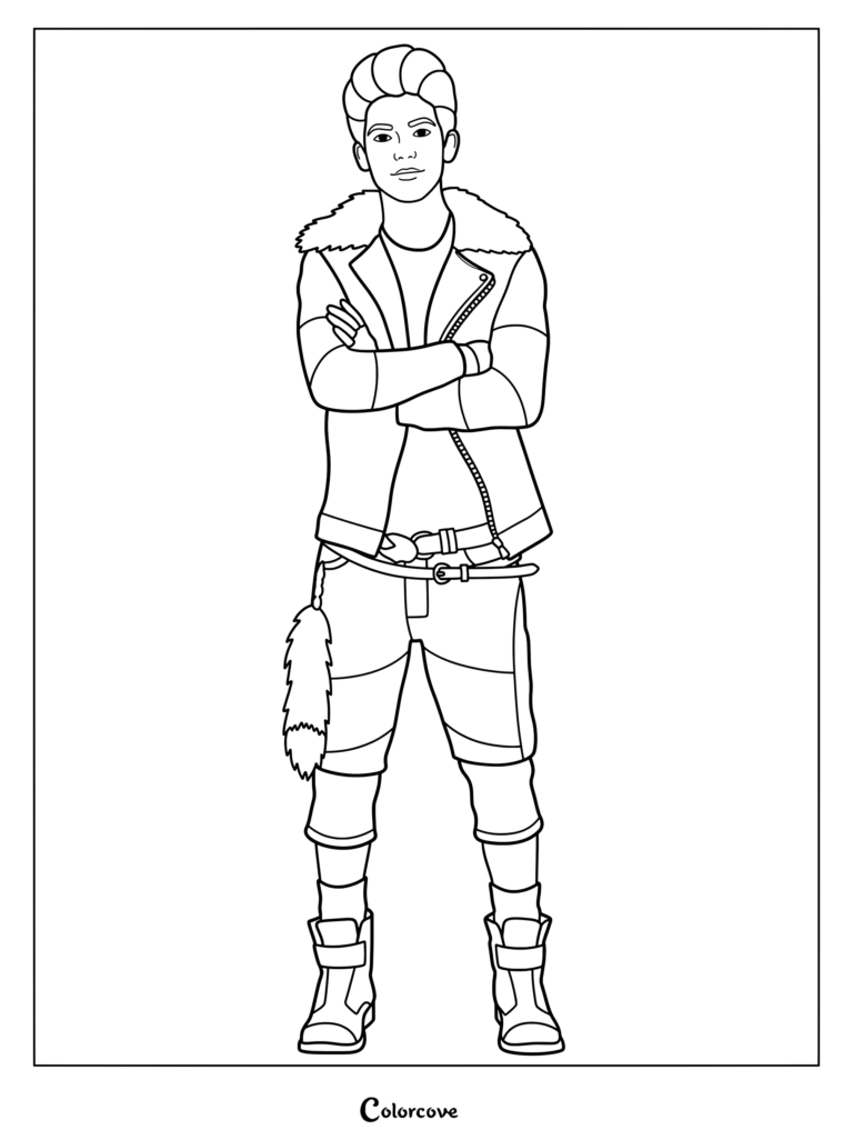 Carlos De Vil, played by Cameron Boyce in the Disney movie Descendants, shown standing with arms crossed in a printable coloring page.