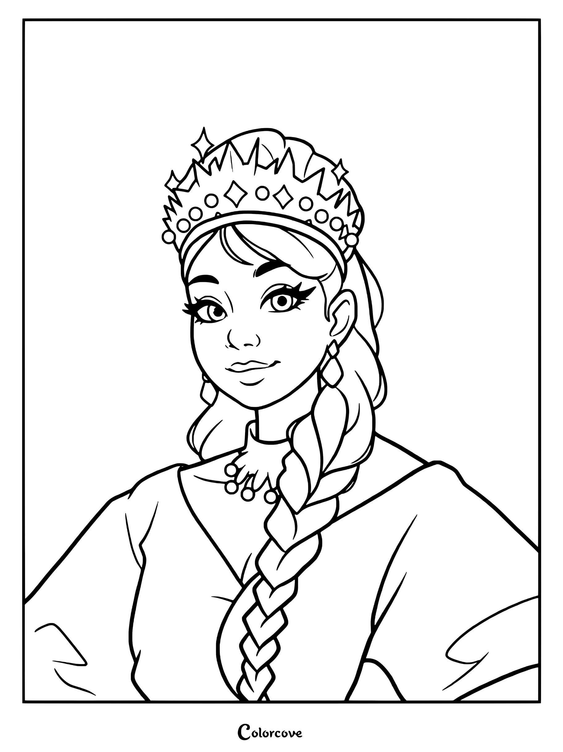 Página para colorear de la Reina Ella, más conocida como Cenicienta, luciendo una corona ornamentada y cabello trenzado