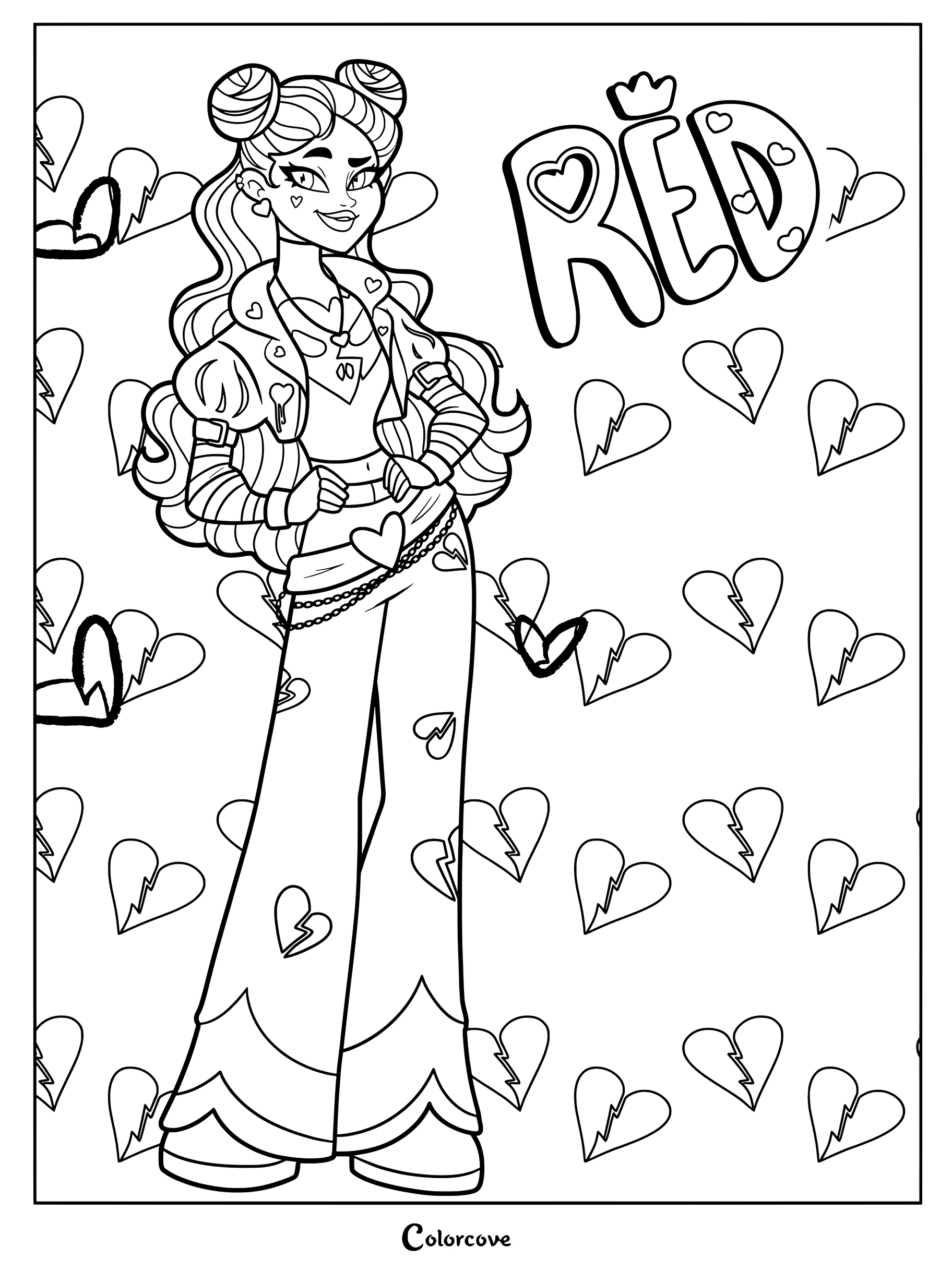 Red de Los Descendientes de pie con orgullo sobre un fondo de corazones rotos en esta página para colorear imprimible