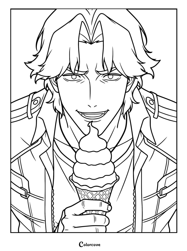 A detailed Devil May Cry coloring page featuring a close-up portrait of Dante holding and eating a swirl ice cream cone.