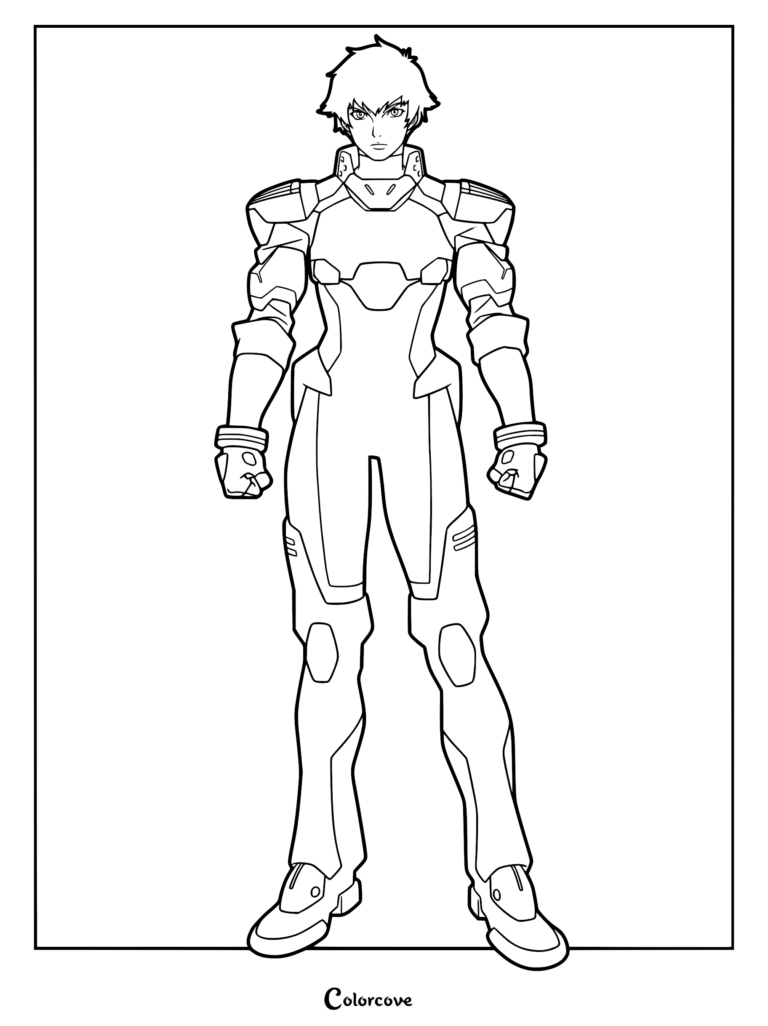 Lady (Mary) in tactical armor standing in a full-body stance, featured on a Devil May Cry coloring page