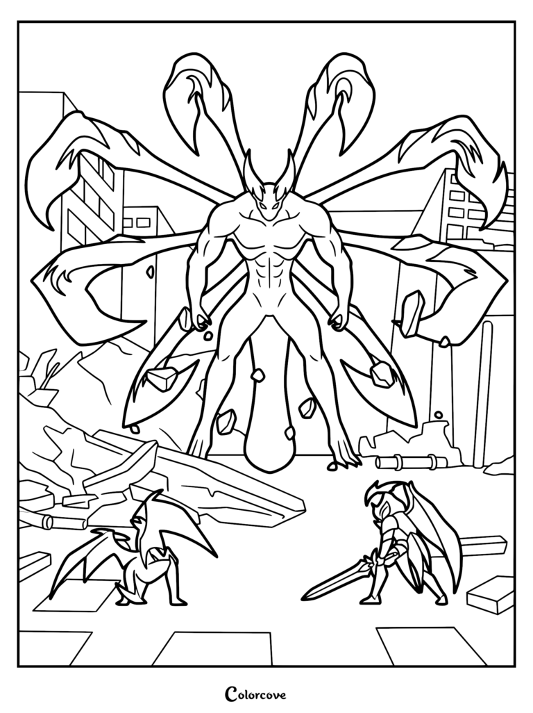Argosax the Chaos towering over a battlefield with a warrior in this Devil May Cry coloring page.