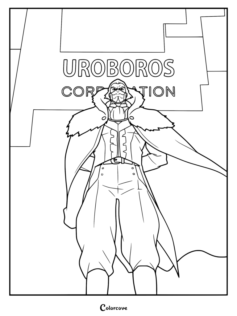 Arius standing in front of the Uroboros Corporation sign in this detailed Devil May Cry character coloring page.