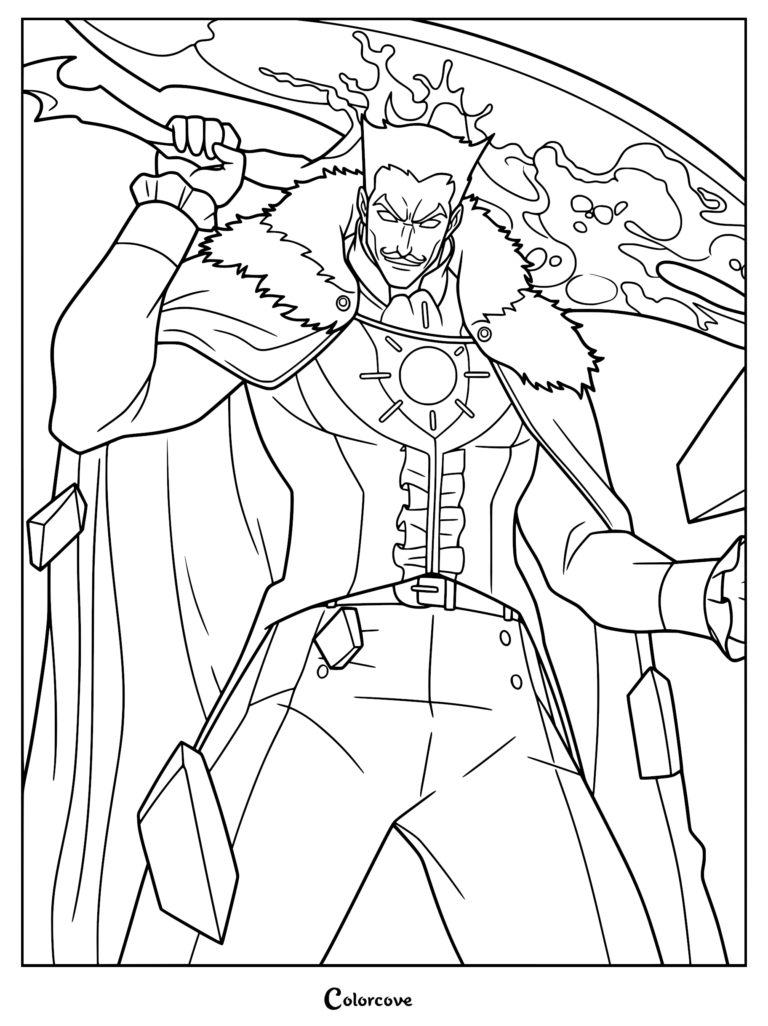 Arius from Devil May Cry holding a large scythe in this printable coloring page featuring his signature fur-collared coat and sun emblem.