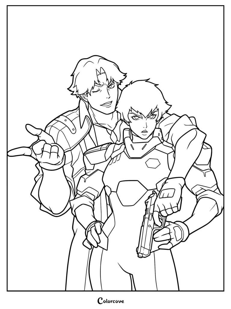 Dante winking and gesturing behind Lady who holds a handgun in this Devil May Cry character coloring page.