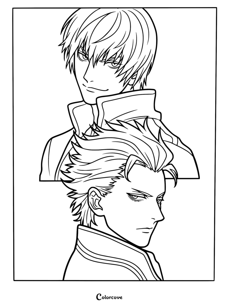 A detailed line art coloring page featuring the twin brothers Dante and Vergil from Devil May Cry, with Dante positioned behind Vergil in a portrait-style composition.