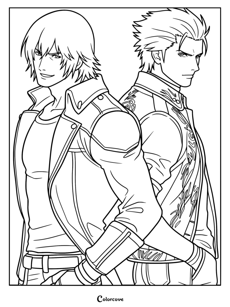 A black and white coloring page featuring Dante and Vergil standing back-to-back in their iconic outfits.