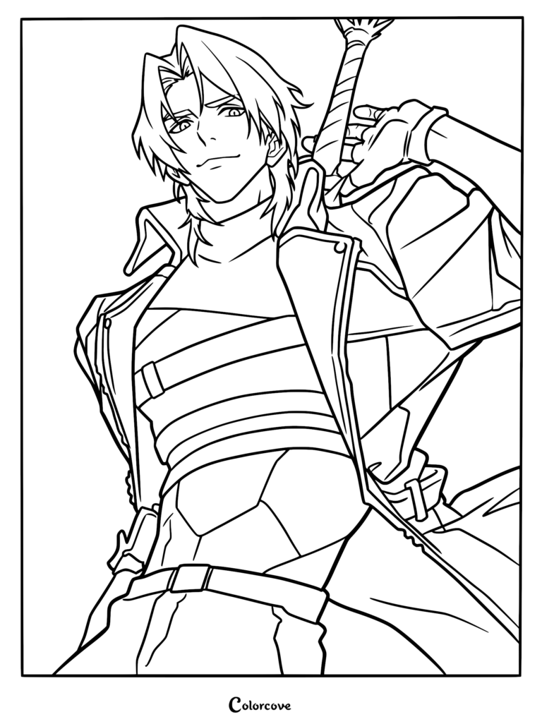 Line art coloring page of Dante from Devil May Cry, featuring the mercenary with his signature sword resting over his shoulder.