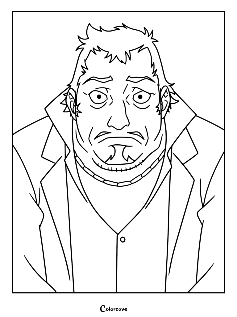 A detailed line art coloring page of Enzo Ferino from Devil May Cry, featuring his signature goatee, spiked hair, and high-collared jacket in a close-up portrait.