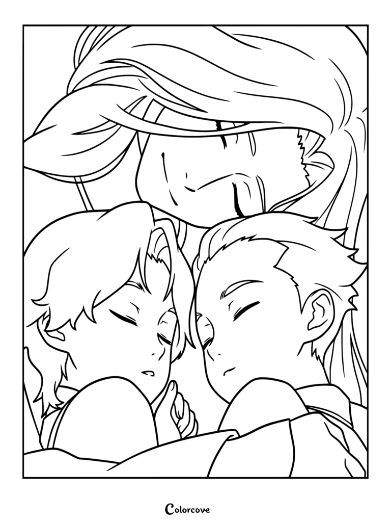 A printable coloring page featuring Eva tenderly embracing her young twin sons, Dante and Vergil, in a heartwarming moment.