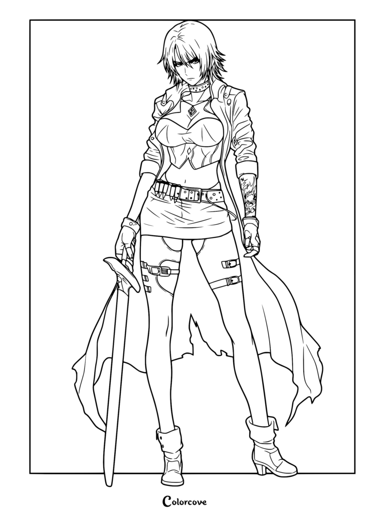 A line art coloring page of a female version of Dante from Devil May Cry, standing confidently with a long sword, wearing a cropped jacket, skirt, and boots.