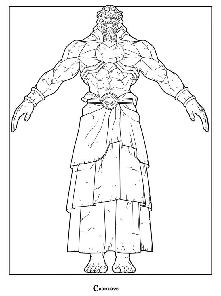 A detailed line art coloring page of the Demon King Mundus standing in a T-pose, featuring his muscular physique, intricate chest armor, and layered robe.