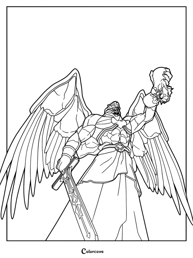 A detailed line art coloring page featuring the Demon King Mundus with large wings, holding the defeated Argosax aloft in a powerful stance.