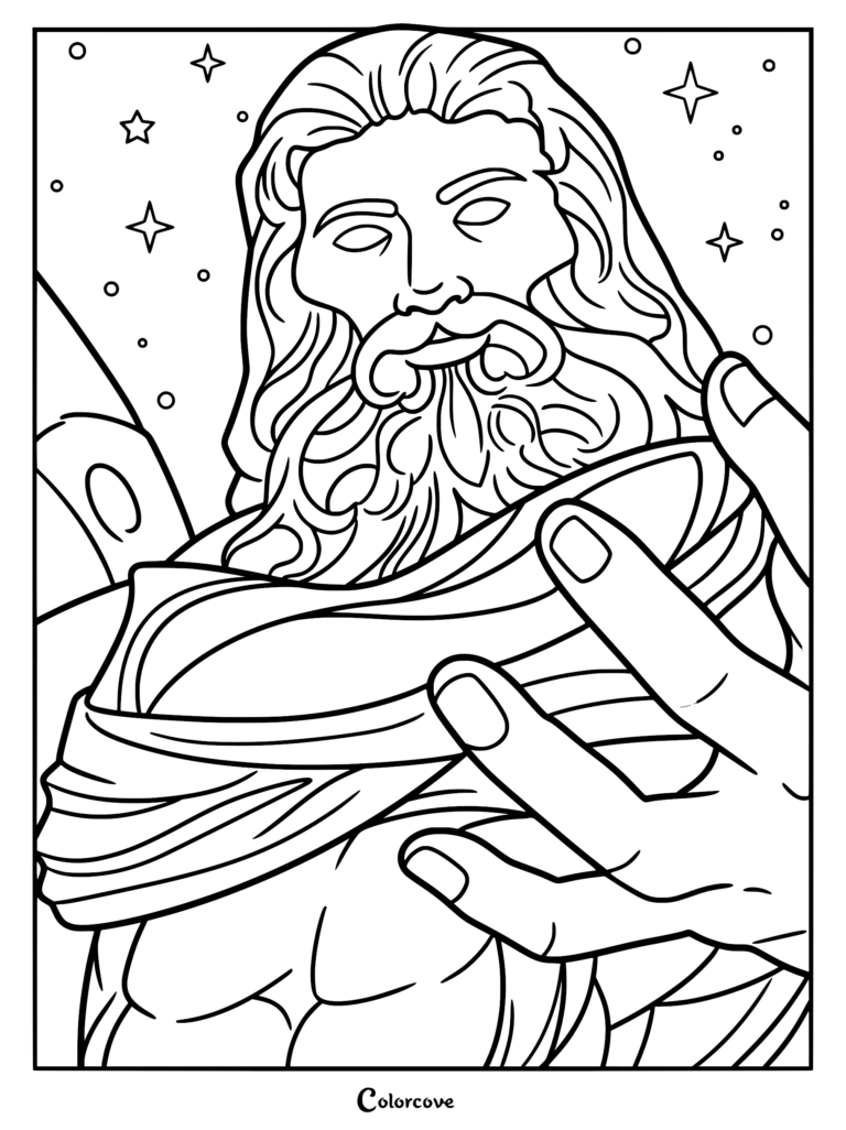 A detailed coloring page featuring the Demon King Mundus with a flowing beard and robes, framed by a large hand in the foreground against a starry background.
