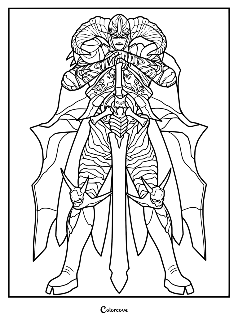 Line art coloring page featuring the legendary demon knight Sparda standing tall in his armored form while gripping his massive sword with both hands.