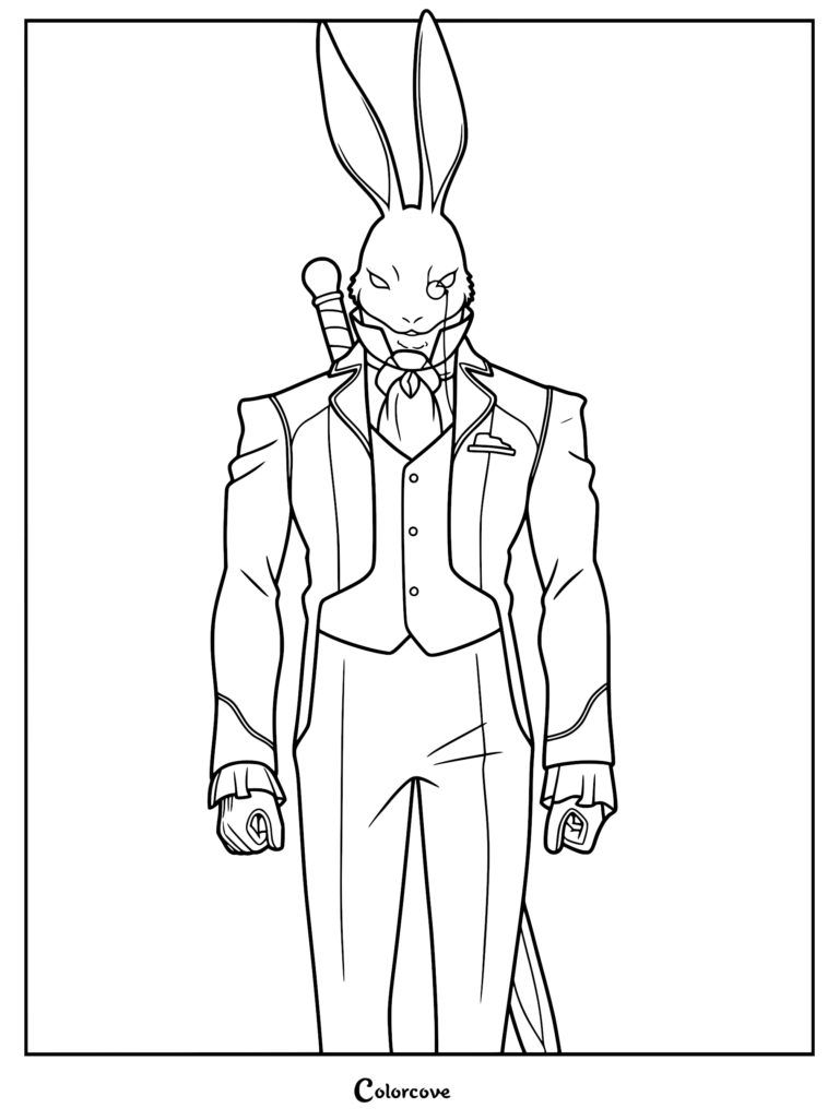 A detailed line art coloring page of The White Rabbit from Devil May Cry, wearing a formal suit with a monocle and a sword strapped to his back.
